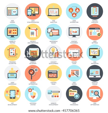 Flat conceptual icons set of web design and development, web coding, app programming and customization. Concepts for website and graphic design. Mobile and print media. Isolated on white background.