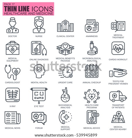 Thin line healthcare and medicine, hospital services, lab analyzes icons set for website and mobile site and apps. Pixel Perfect. Editable Stroke. Simple linear pictogram pack. Vector illustration.