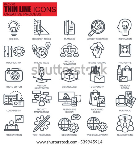 Thin line creative process and project workflow icons set for website and mobile site and apps. Pixel Perfect. Editable Stroke. Simple linear pictogram pack. Vector illustration.