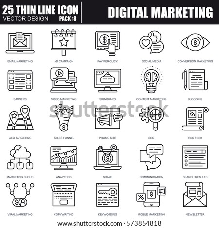 Thin line digital marketing icons set for website and mobile site and apps. Pixel Perfect. Editable Stroke. Simple linear pictogram pack. Vector illustration.