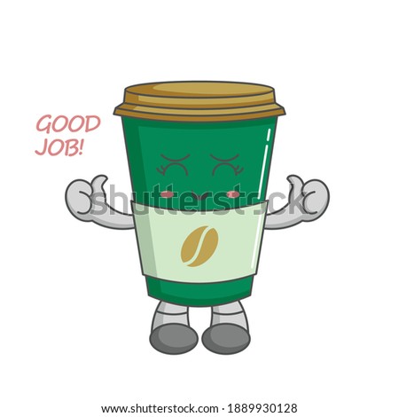 Adorable kawaii coffee cup characters raise two thumbs up, great job