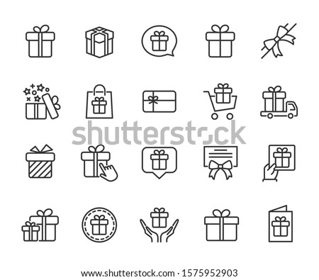Vector set of gift line icons. Contains icons of box, bow, surprise, certificate, gift card and more. Pixel perfect, scalable 24, 48, 96 pixels.