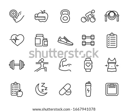 Vector set of fitness line icons. Contains icons gym, nutrition, cardio exercises, sports supplements, yoga, sleep, workout and more. Pixel perfect.
