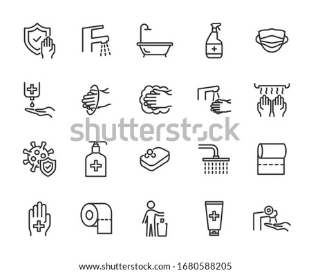 Vector set of hygiene line icons. Contains icons washing hands, antiseptic, soap, virus protection, bathroom, toothpaste and more. Pixel perfect.
