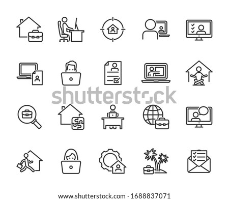 Vector set of remote work line icons. Contains icons working from home, interview online, freelance, search job, resume online, tasks online and more. Pixel perfect.