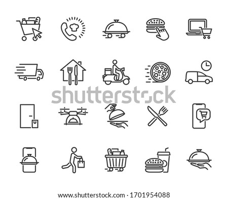 Vector set of food delivery line icons. Contains icons food basket, online order, food at home, contactless delivery, fast food, courier, restaurant at home and more. Pixel perfect.