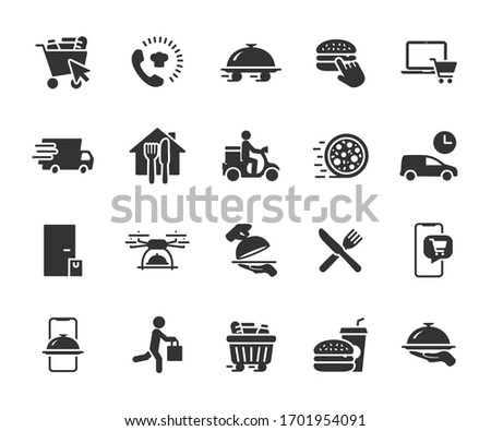 Vector set of food delivery flat icons. Contains icons food basket, online order, food at home, contactless delivery, fast food, courier, restaurant at home and more. Pixel perfect.