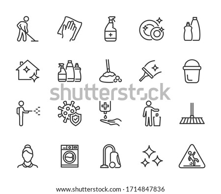 Vector set of cleaning line icons. Contains icons disinfection, detergents, maid, laundry, cleaning services, wet floor, virus protection and more. Pixel perfect.