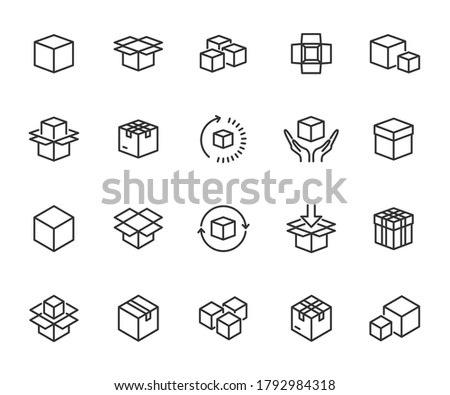 Vector set of box line icons. Contains icons packaging, product, open box, parcel, product loading, delivery time, product return and more. Pixel perfect.