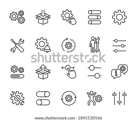 Vector set of setup line icons. Contains icons settings, installation, maintenance, update, download, configuration, options, restore settings and more. Pixel perfect. Photo stock © 