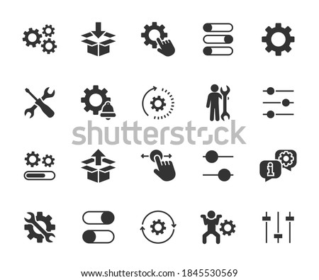 Vector set of setup flat icons. Contains icons settings, installation, maintenance, update, download, configuration, options, restore settings and more. Pixel perfect.