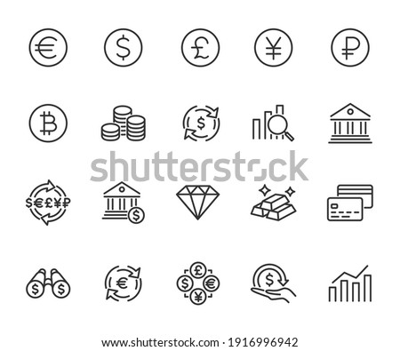Vector set of currency line icons. Contains icons investment, exchange rate, bank deposit, coin, financial forecast, bank and more. Pixel perfect.