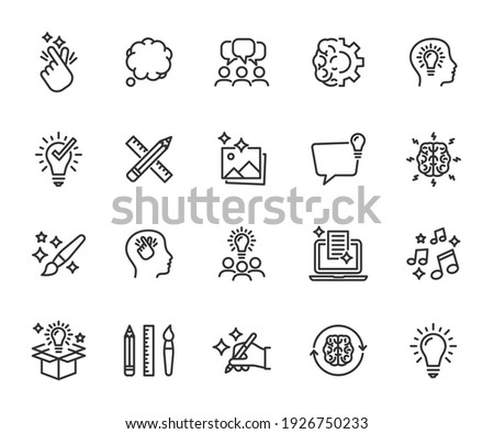 Vector set of creativity line icons. Contains icons idea, brainstorm, thought, quick tips, inspiration, teamwork and more. Pixel perfect.