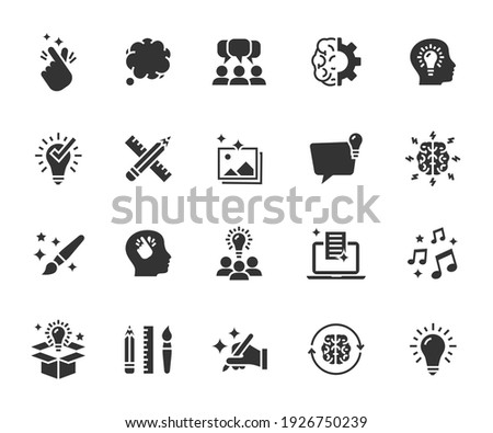 Vector set of creativity flat icons. Contains icons idea, brainstorm, thought, quick tips, inspiration, teamwork and more. Pixel perfect.