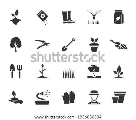 Vector set of gardening flat icons. Contains icons plant, grass, garden tool, fertilizer, gardener, lawn mower, tree and more. Pixel perfect.