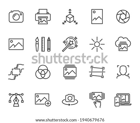 Vector set of image line icons. Contains icons photo, vector image, print, gallery images, filters, sync images, focus and more. Pixel perfect.