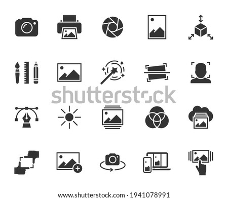 Vector set of image flat icons. Contains icons photo, vector image, print, gallery images, filters, sync images, focus and more. Pixel perfect.
