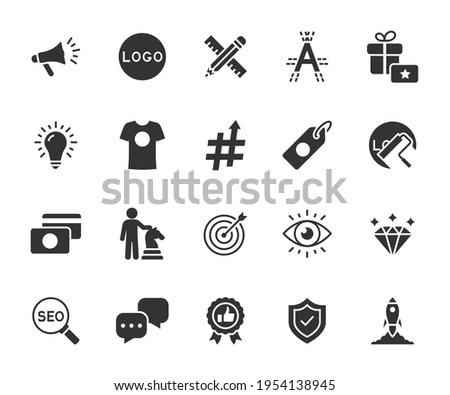 Vector set of brand flat icons. Contains icons corporate identity, logo, name, mission, vision, advertising, values, strategy, rebranding and more. Pixel perfect. Photo stock © 