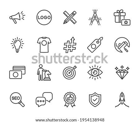 Vector set of brand line icons. Contains icons corporate identity, logo, name, mission, vision, advertising, values, strategy, rebranding and more. Pixel perfect. Photo stock © 