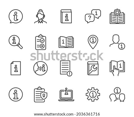 Vector set of information line icons. Contains icons instruction, privacy policy, info center, manual, rule, guide, reference, help and more. Pixel perfect.