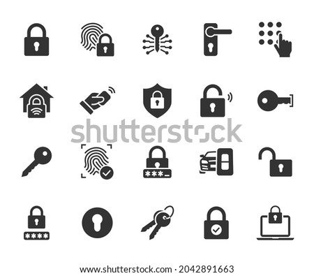 Vector set of lock flat icons. Contains icons key, pin code, keyhole, smart home, password, door handle, car keys, fingerprint and more. Pixel perfect.