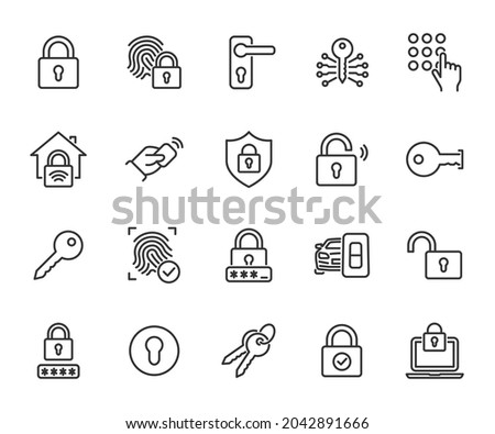Vector set of lock line icons. Contains icons key, pin code, keyhole, smart home, password, door handle, car keys, fingerprint and more. Pixel perfect.