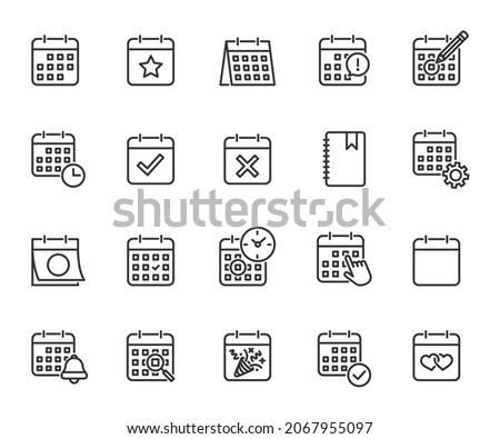 Vector set of calendar line icons. Contains icons date, appointment, schedule, holiday date, planning, diary, important day, reminder and more. Pixel perfect.