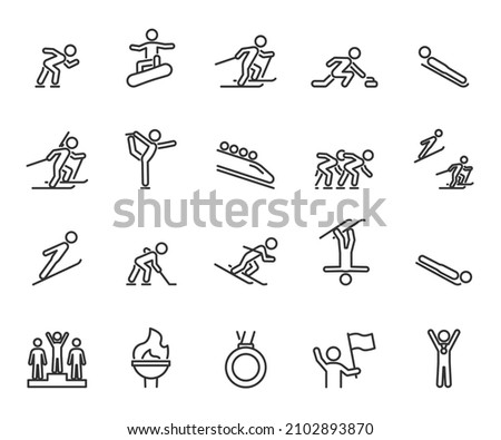 Vector set of winter sports line icons. Contains icons speed skating, figure skating, snowboarding, alpine skiing, biathlon, curling, hockey, ski jumping, medal and more. Pixel perfect.
