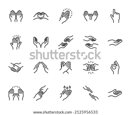 Vector set of hands line icons. Contains icons applause, handshake, high five, helping hand, little bit, hand washing and more. Pixel perfect.