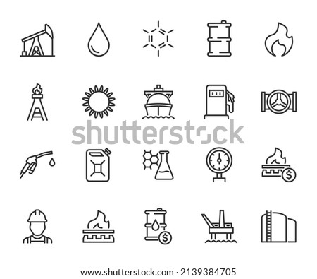 Vector set of oil and gas line icons. Contains icons oil well, gas station, gasoline, tanker, burner, fuel, canister, petroleum and more. Pixel perfect.