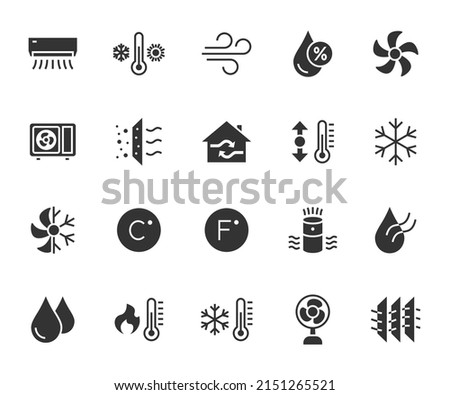 Vector set of air conditioning flat icons. Contains icons humidity, air, temperature, air filter, fan, air purifier and more. Pixel perfect.