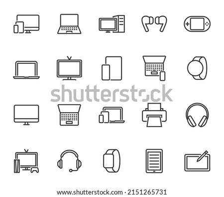 Vector set of device line icons. Contains icons laptop, computer, headphones, smart watch, e-book, printer, tv, graphic tablet and more. Pixel perfect.