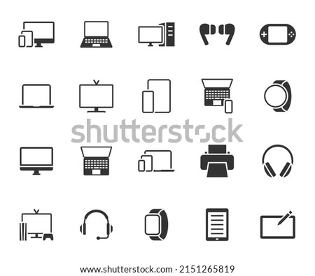 Vector set of device flat icons. Contains icons laptop, computer, headphones, smart watch, e-book, printer, tv, graphic tablet and more. Pixel perfect.