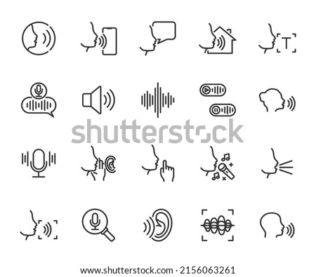 Vector set of voice line icons. Contains icons voice control, sound, whisper, shout, voice message, singing, sound wave, voice recognition and more. Pixel perfect.