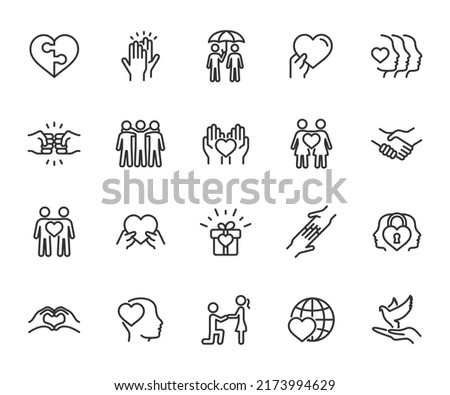 Vector set of friendship and love line icons. Contains icons friend, relationship, buddy, understanding, trust, help, dove of peace, care and more. Pixel perfect.