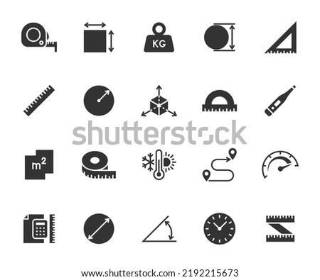 Vector set of measuring flat icons. Contains icons area, measuring tape, radius, diameter, axis, weight, speed, temperature and more. Pixel perfect.