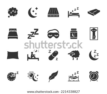 Vector set of sleep flat icons. Contains icons pillow, bed, insomnia, sleeping pills, sleep mask, mattress and more. Pixel perfect.