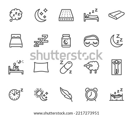 Vector set of sleep line icons. Contains icons pillow, bed, insomnia, sleeping pills, sleep mask, mattress and more. Pixel perfect.