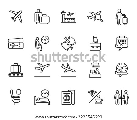 Vector set of airport line icons. Contains icons baggage, departure, boarding, plane ticket, hand luggage, waiting room, transfer, check-in desk and more. Pixel perfect.