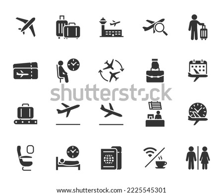 Vector set of airport flat icons. Contains icons baggage, departure, boarding, plane ticket, hand luggage, waiting room, transfer, check-in desk and more. Pixel perfect.