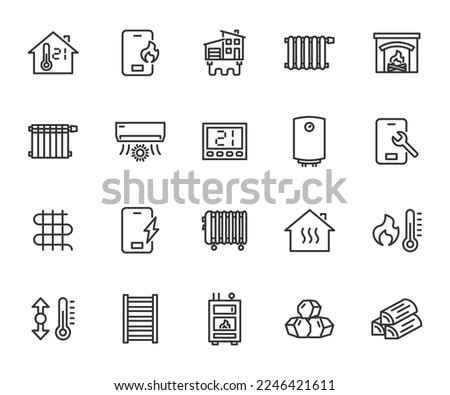 Vector set of house heating line icons. Contains icons boiler, heat supply, radiator, heater, underfloor heating, heated towel rail, solid fuel boiler, firewood, coal and more. Pixel perfect.