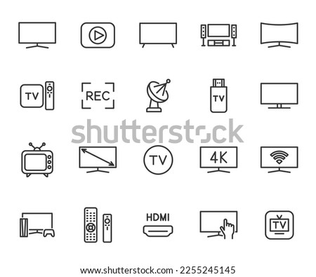 Vector set of TV line icons. Contains icons set top box, satellite dish, remote control, screen, recording, home cinema, HDMI and more. Pixel perfect.