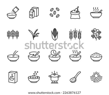 Vector set of cereals line icons. Contains icons porridge, cereal flakes, oatmeal, wheat, buckwheat, corn, barley, rice, flour and more. Pixel perfect.