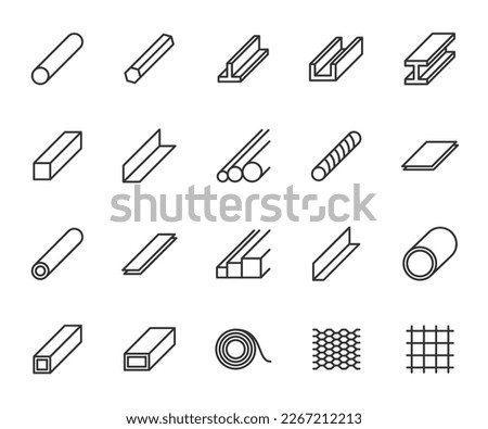 Vector set of steel and metal line icons. Contains icons steel corner, rod, sheet, strip, pipe, profile, beam, armature, rolled steel and more. Pixel perfect.