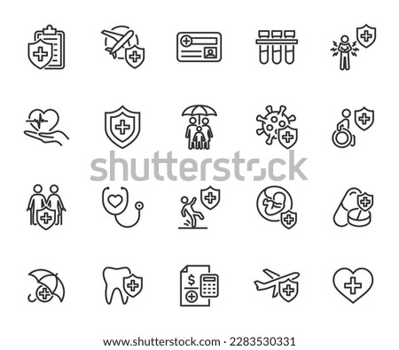 Vector set of medical insurance line icons. Contains icons insurance life, accident, travel, illness, family, insurance card, medical test and more. Pixel perfect.