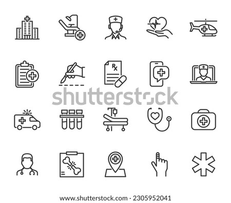 Vector set of medical care line icons. Contains icons doctor, hospital, ambulance, surgery, dental care, traumatology, prescription and more. Pixel perfect.