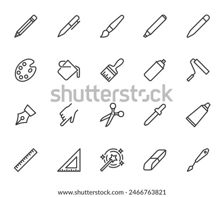 Vector set of drawing tools line icons. Contains icons pencil, pen, brush, bucket paint, palette knife, roller, palette, marker and more. Pixel perfect.