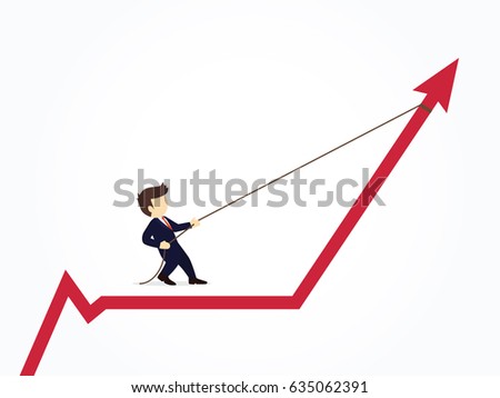 Businessman pulling arrow graph chart up with a rope. Vector illustration for business design and infographic.