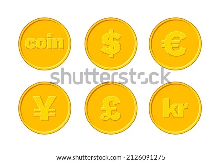Set of different currency coins. Dollar, Euro, Yuan, Yen, Pound, Krone