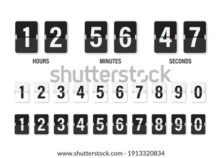 Clock countdown display. Set numbers flip watch. Black and white date counter flip display isolated on white background. Vector illustration. Stockfoto © 
